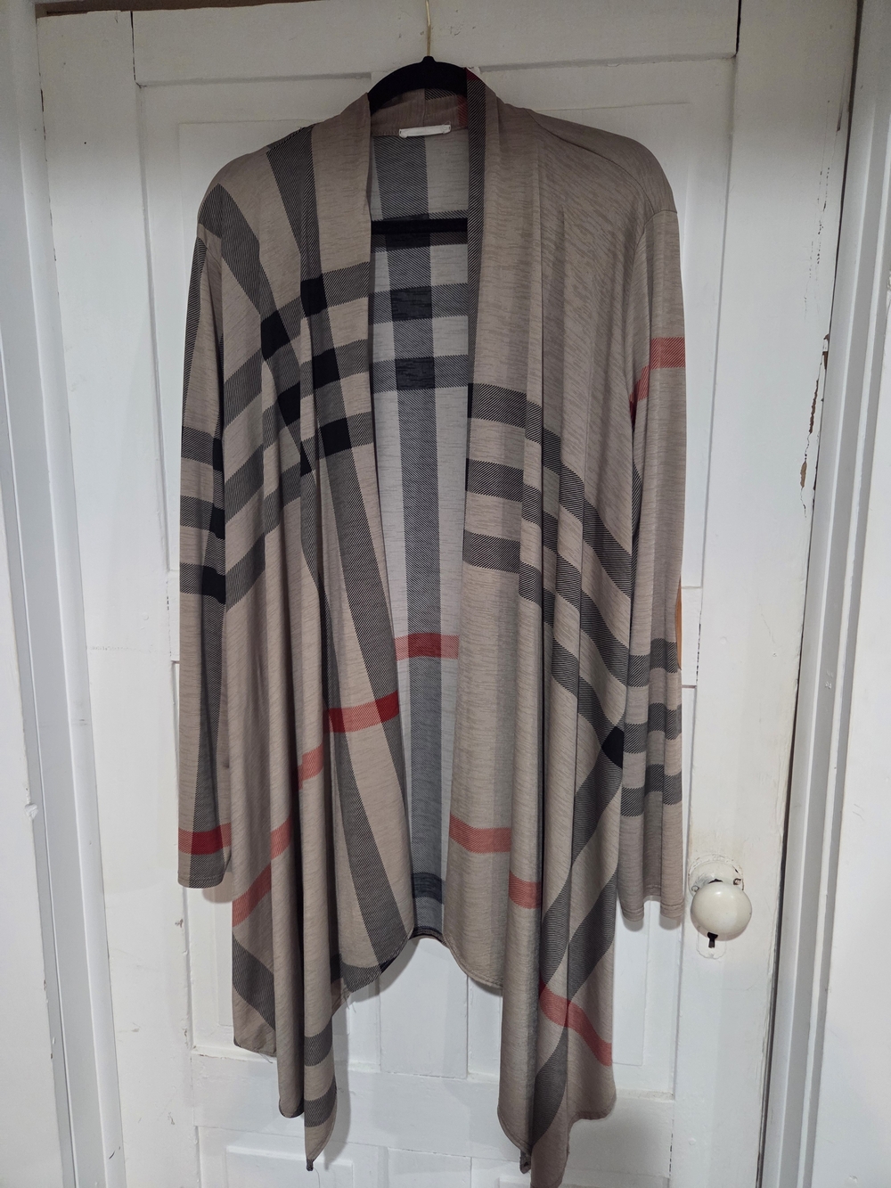 Beige Plaid Open-Front Women's Cardigan Sweater